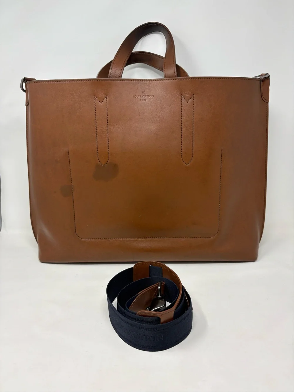 Louis Vuitton Nomade Cabas East West Tote Brown Leather Shoulder Bag Navy Strap